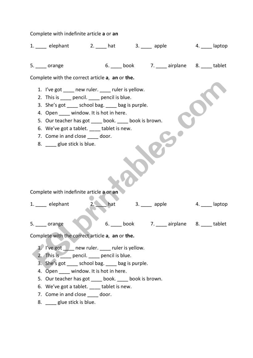 a an the - articles worksheet