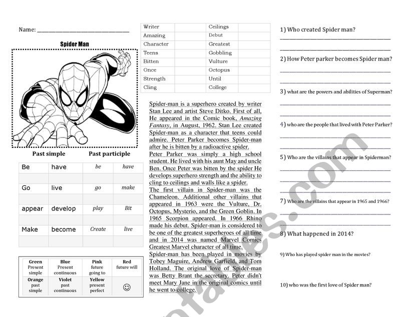SPIDERMAN READING worksheet
