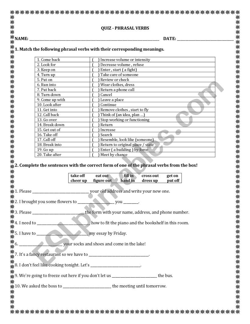 QUIZ PHRASAL VERBS worksheet