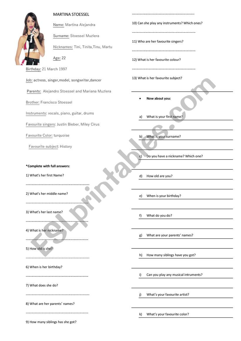 Tini Stoessel Fact File worksheet