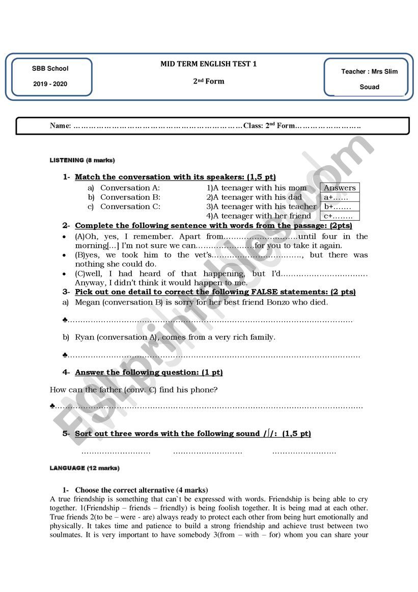 2ND FORM MID TERM TEST 1 worksheet