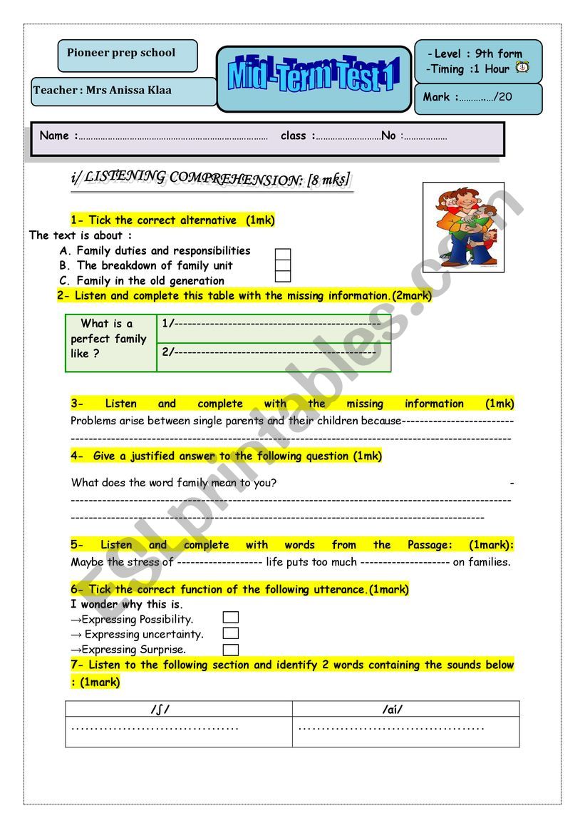 9 th form test 1 worksheet