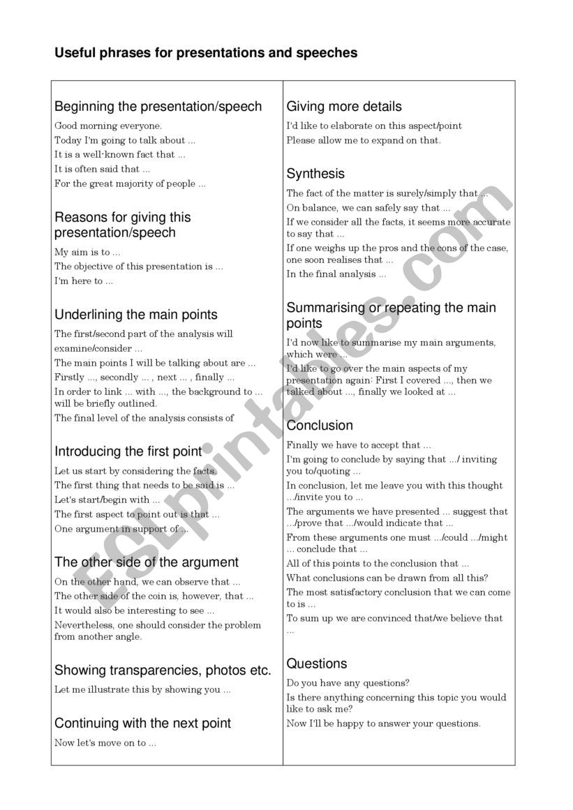 Presentation Phrases worksheet