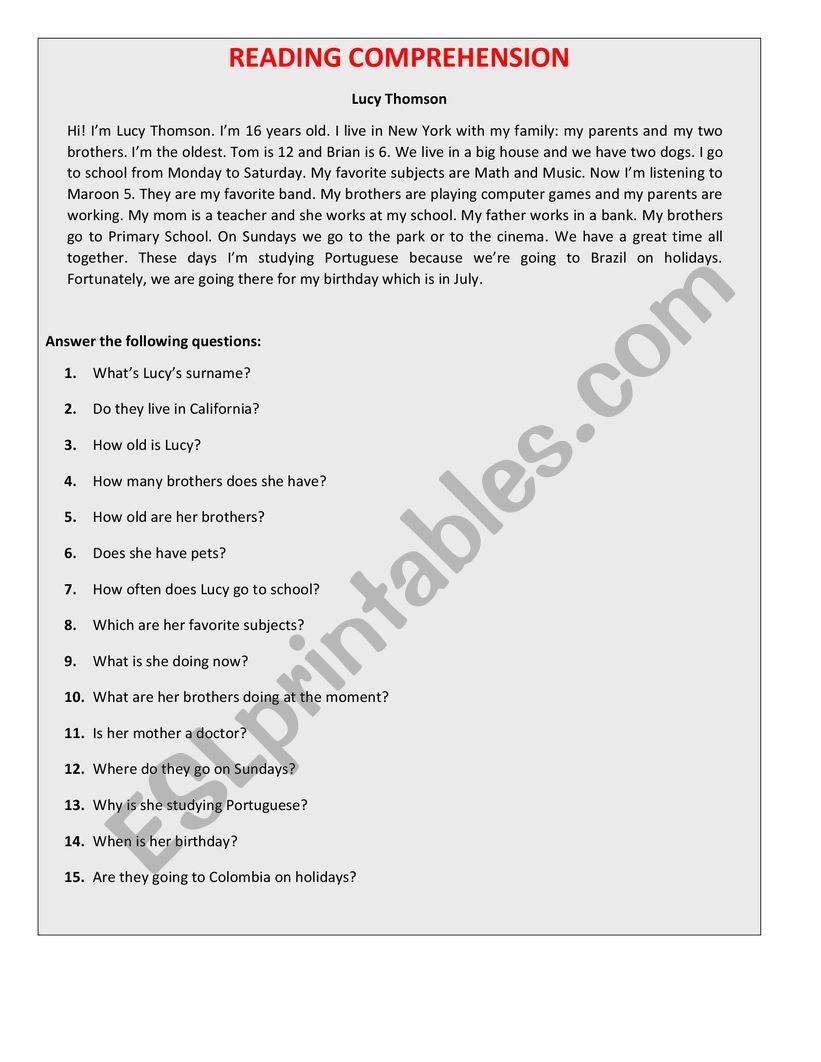 Reading Comprehension worksheet