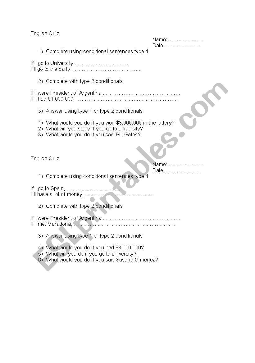 English Quiz Conditionals worksheet
