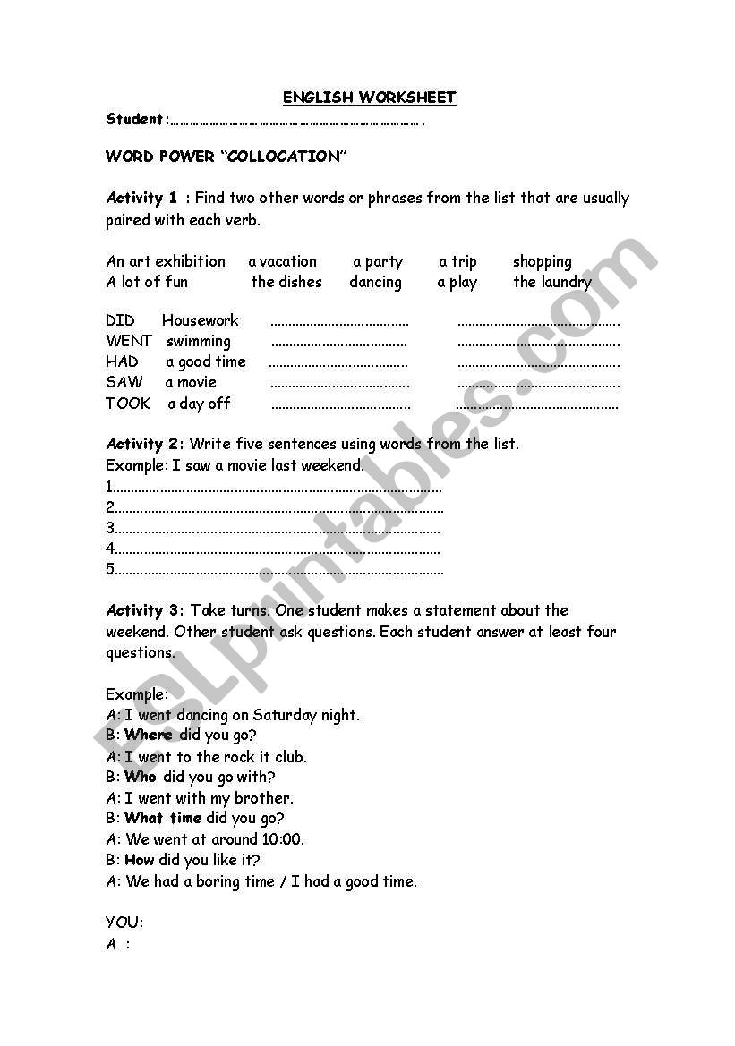 past events worksheet