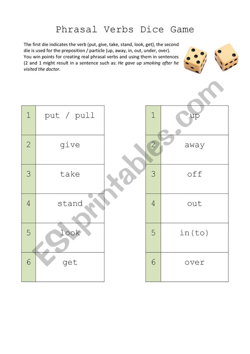 Phrasal Verbs Dice Game worksheet