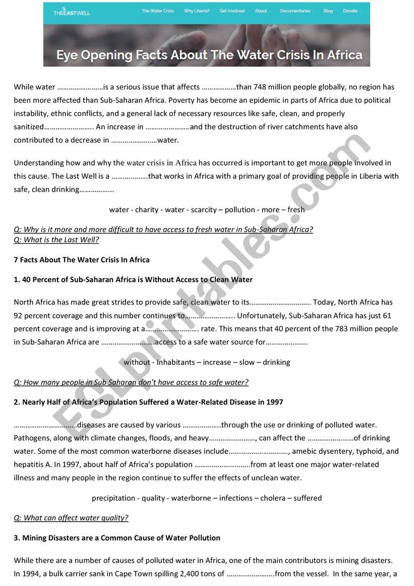WATER CRISIS IN AFRICA worksheet