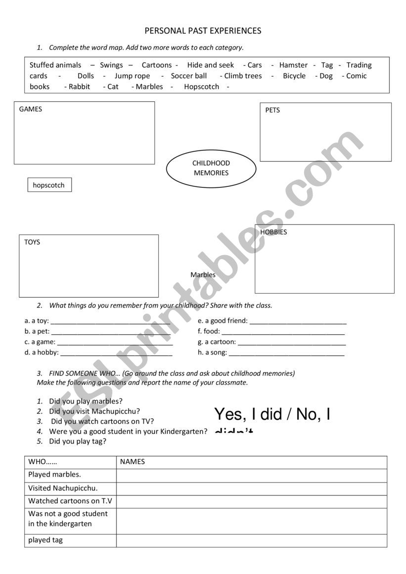 PERSONAL PAST EXPERIENCE worksheet