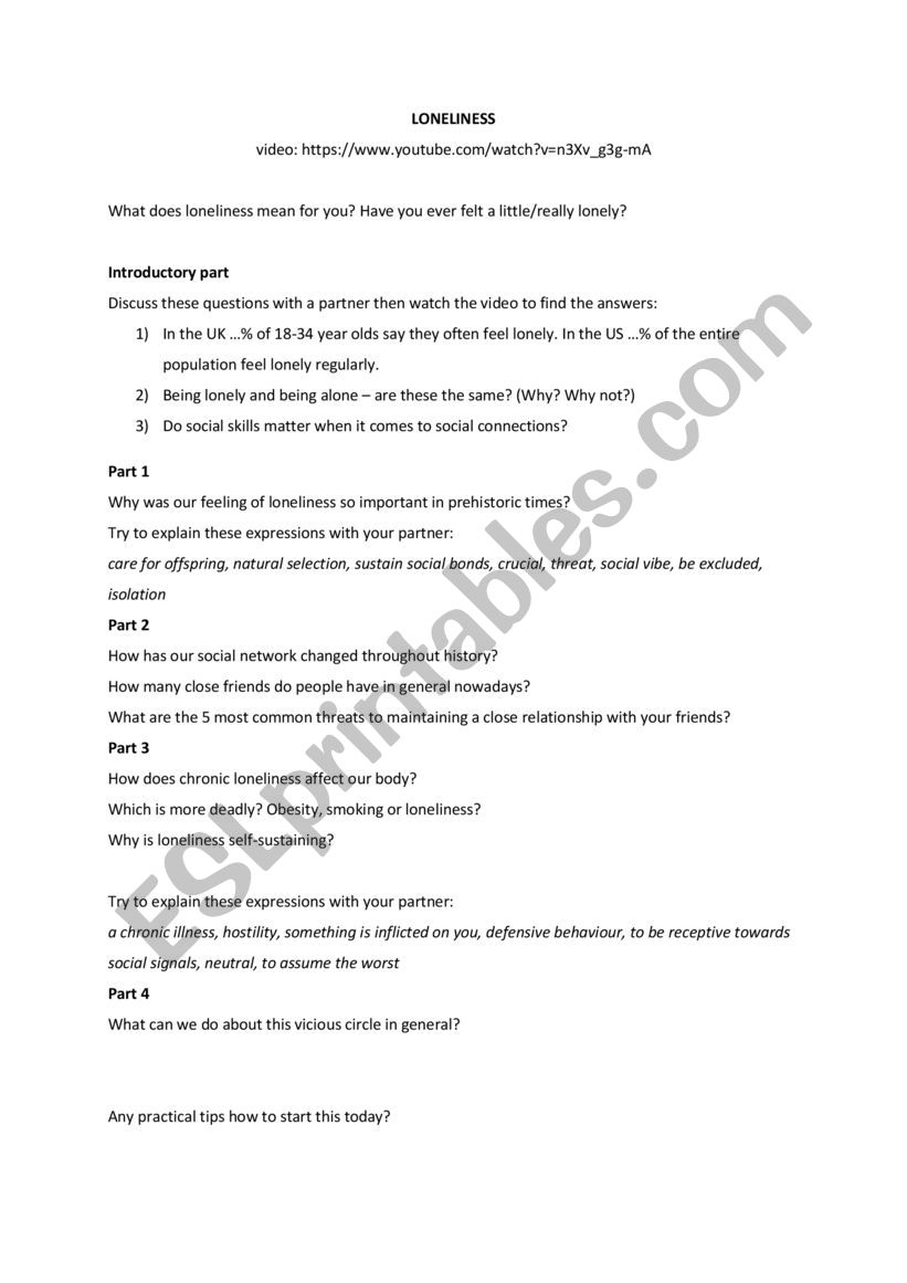 Loneliness - a video lesson worksheet