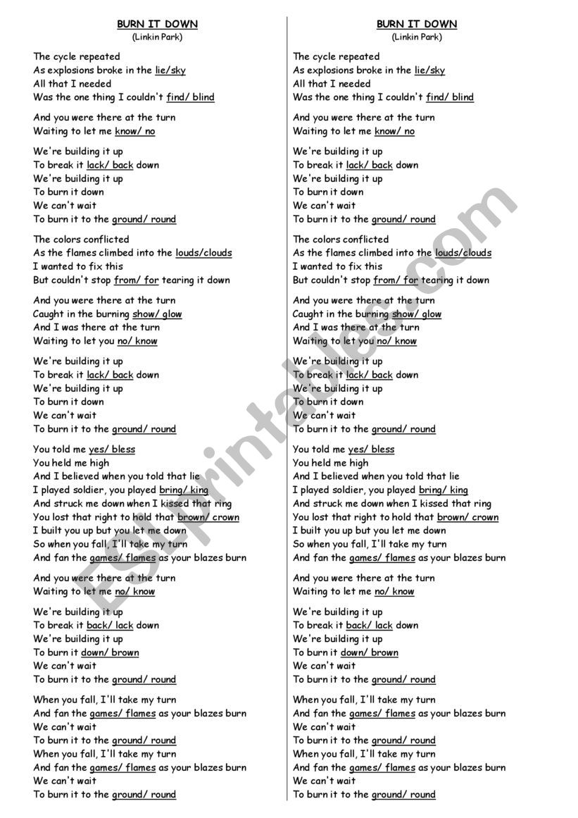 Song Activity - Burn it down worksheet