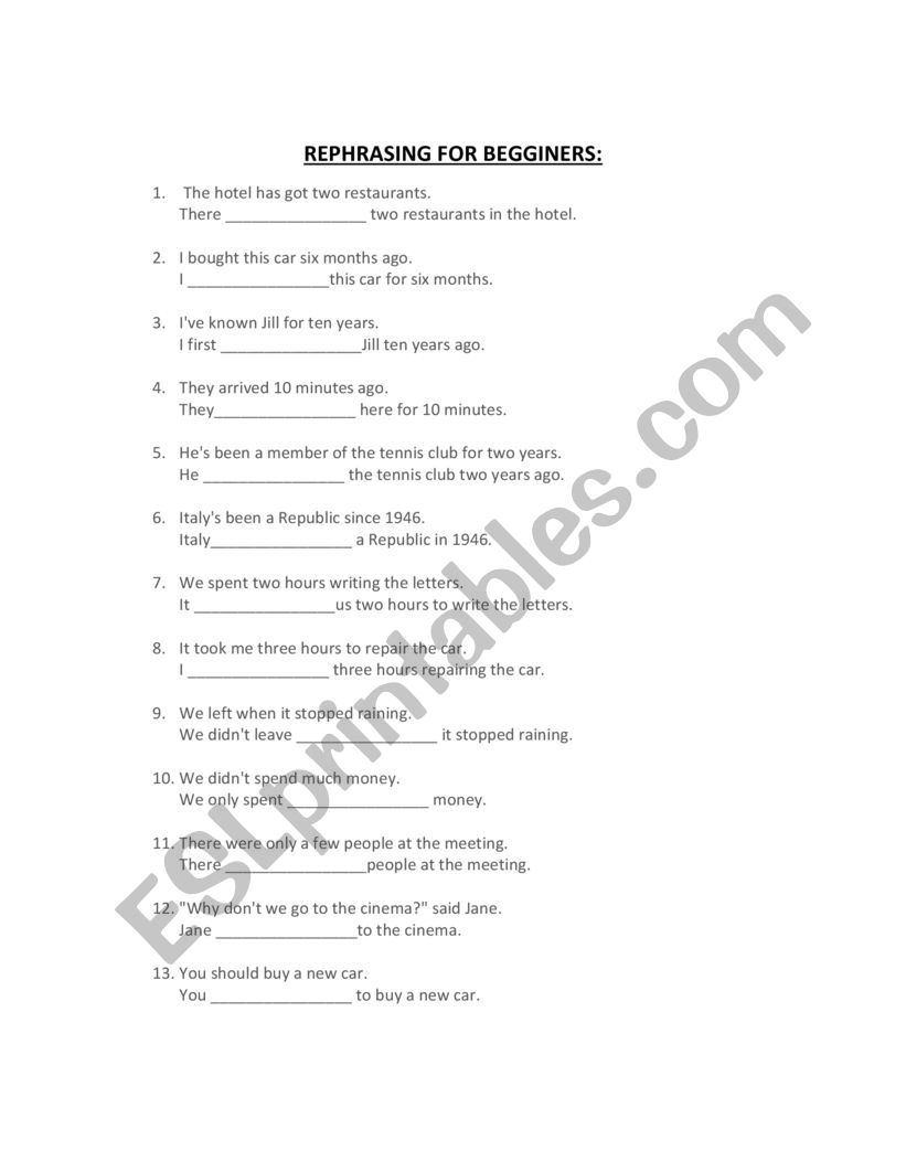 REPHRASING FOR BEGGINERS worksheet