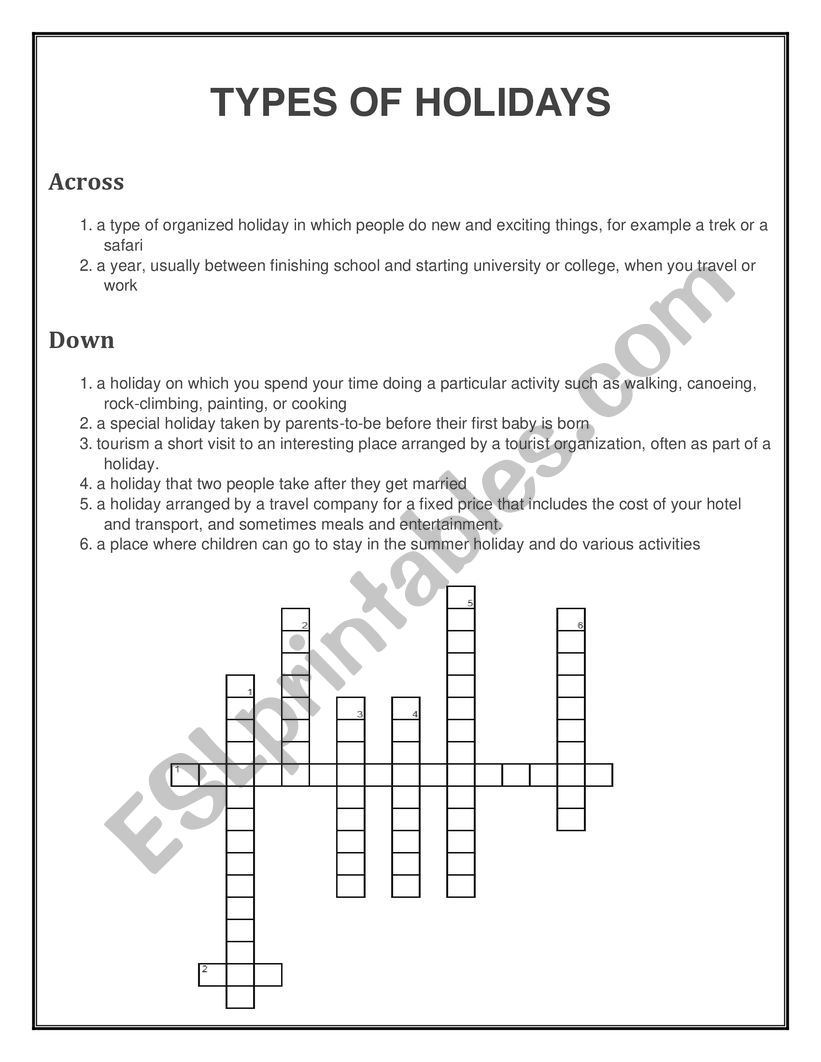 TYPES OF HOLIDAYS worksheet