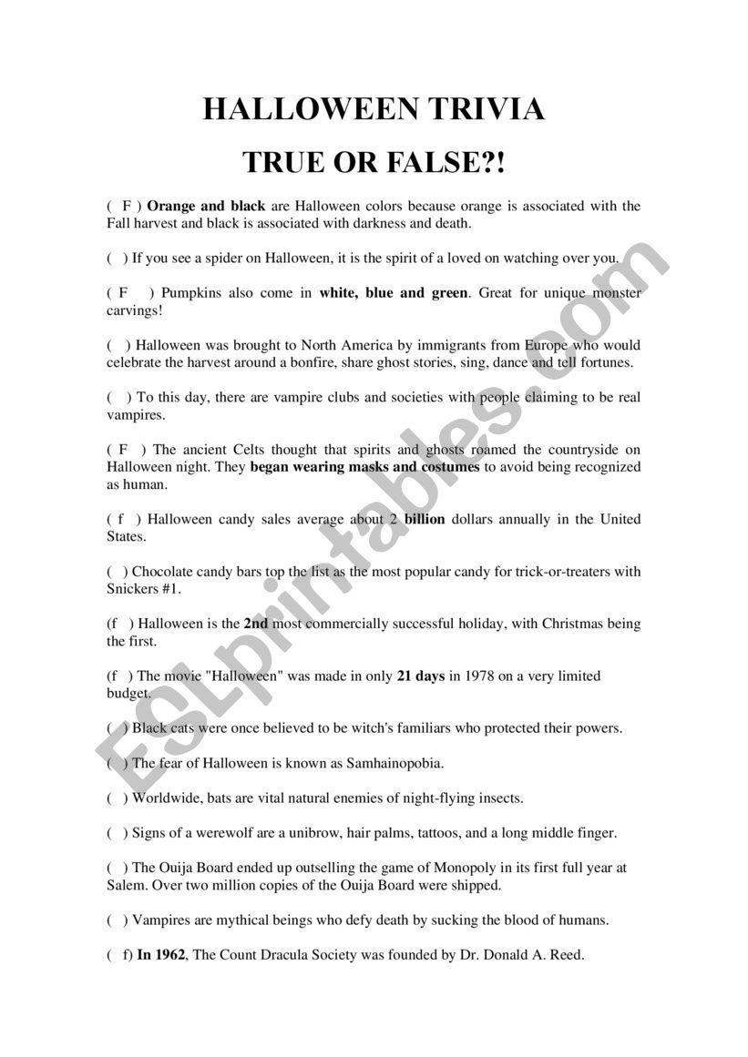 HALLOWEEN TRIVIA worksheet