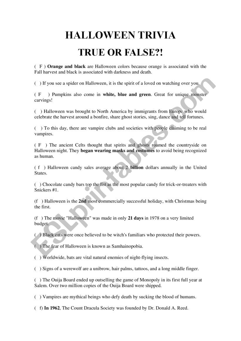 HALLOWEEN TRIVIA worksheet