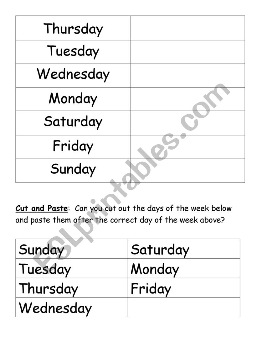 Days of the week worksheet