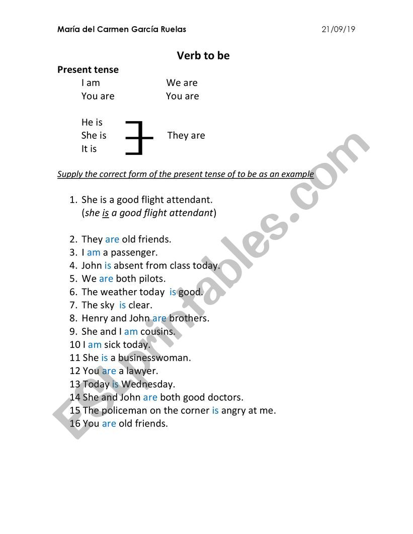 verb to be worksheet