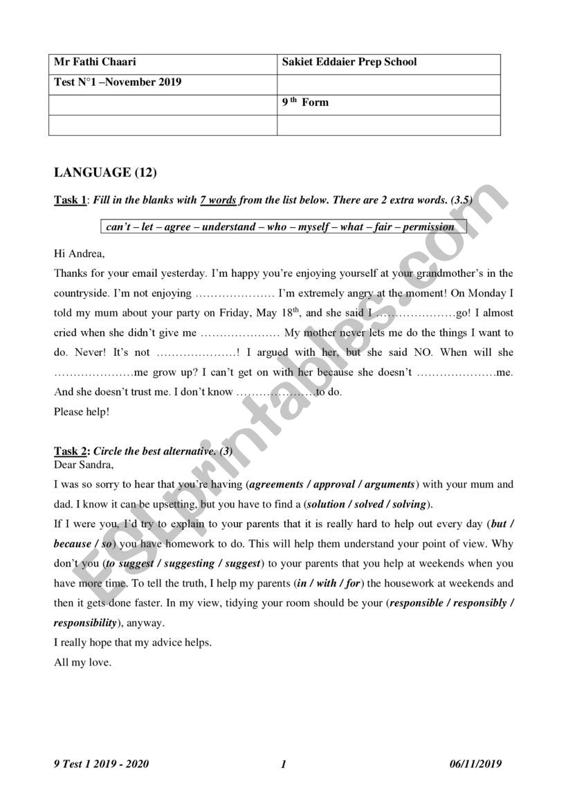 9 Test 1 2019-2020 worksheet