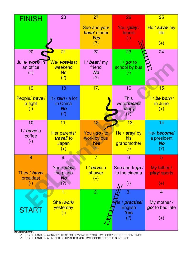Game ladder and snakes past simple - ESL worksheet by srodrig14
