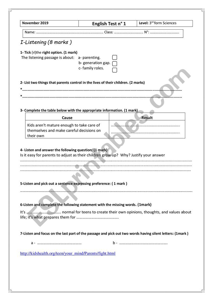 third form test1 worksheet