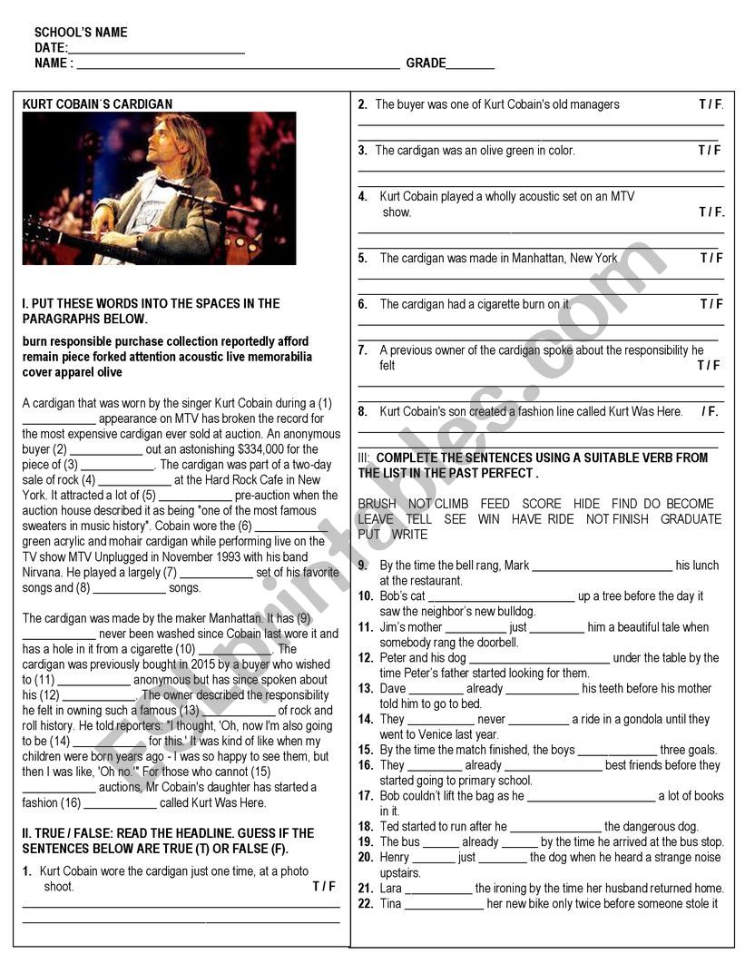 past perfect worksheet