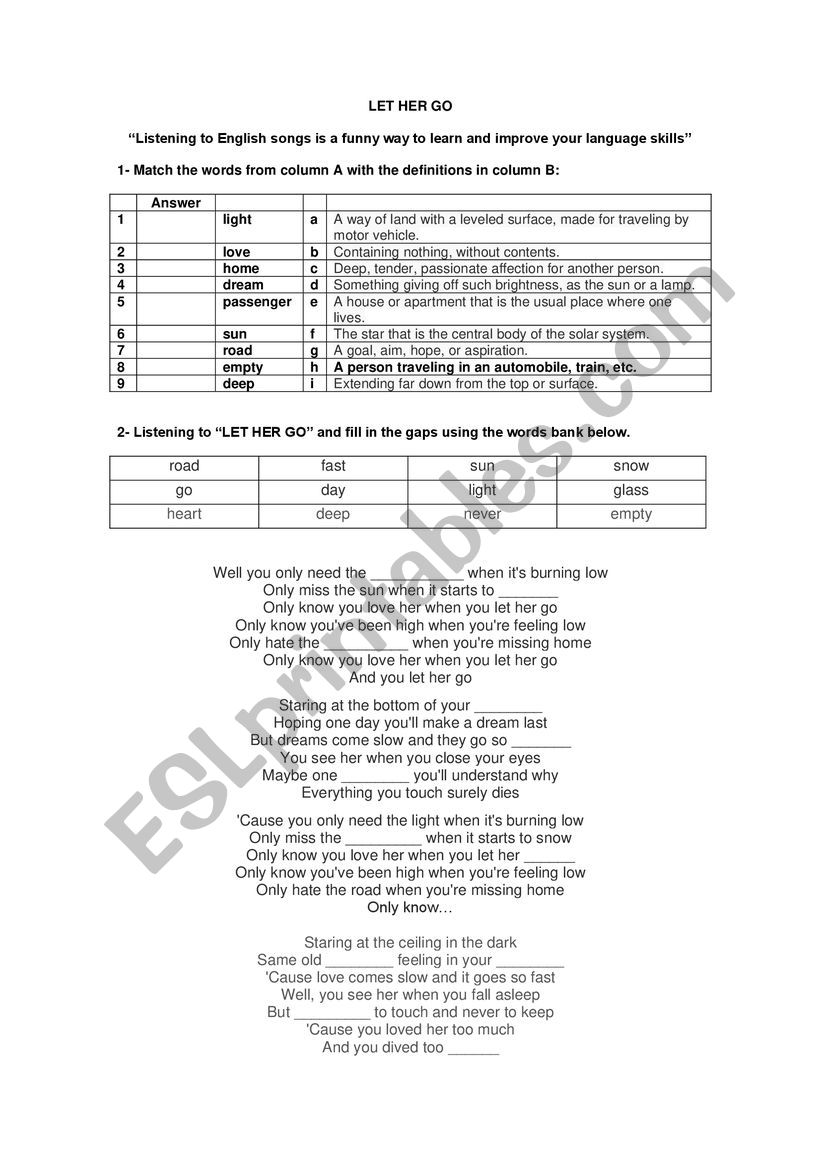 LET HER GO WORKSHEET worksheet