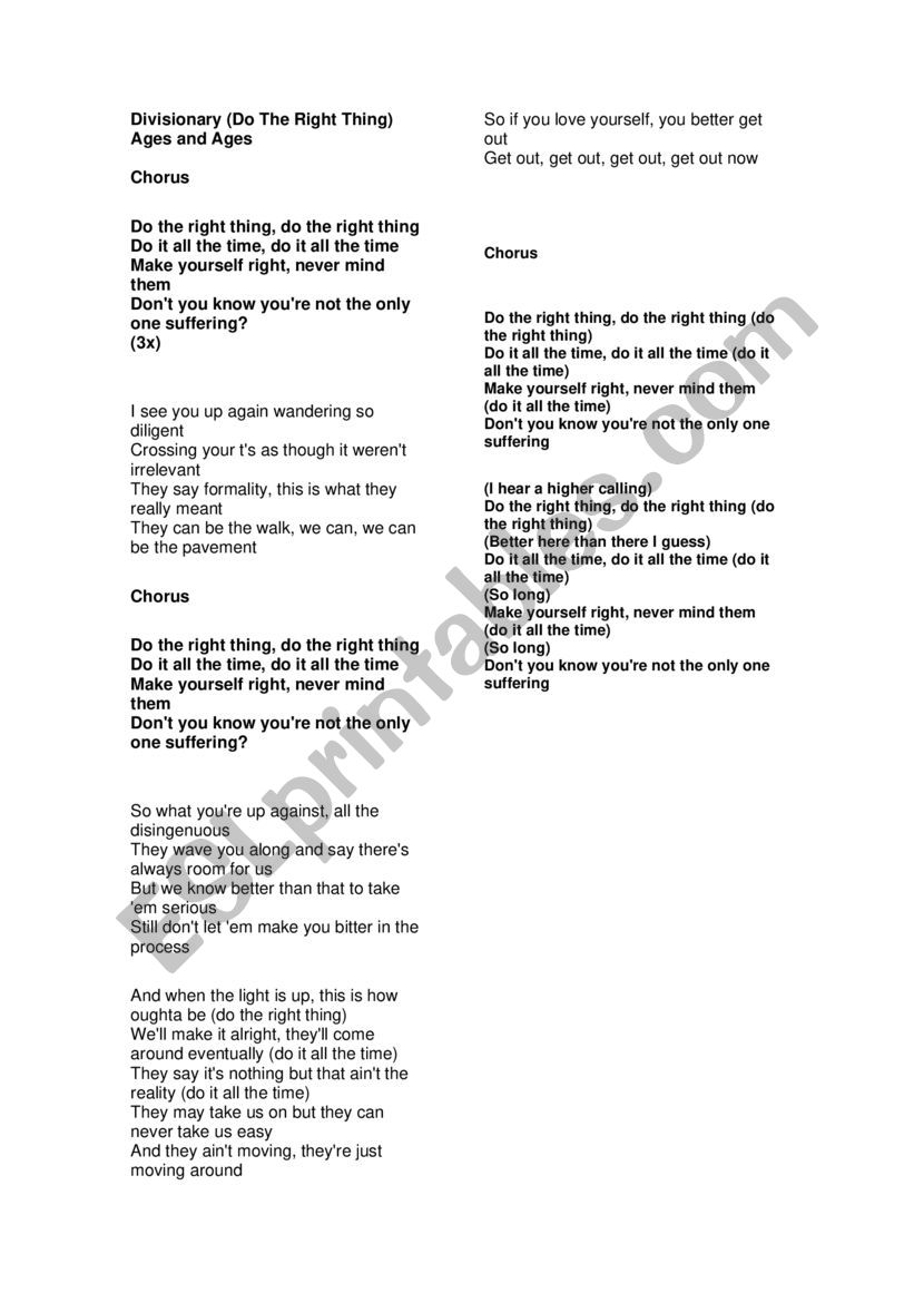 Song Divisionary worksheet