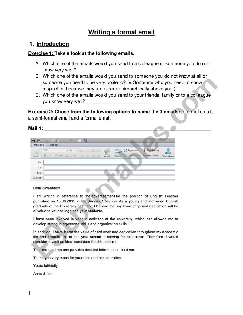 Writing a formal email worksheet
