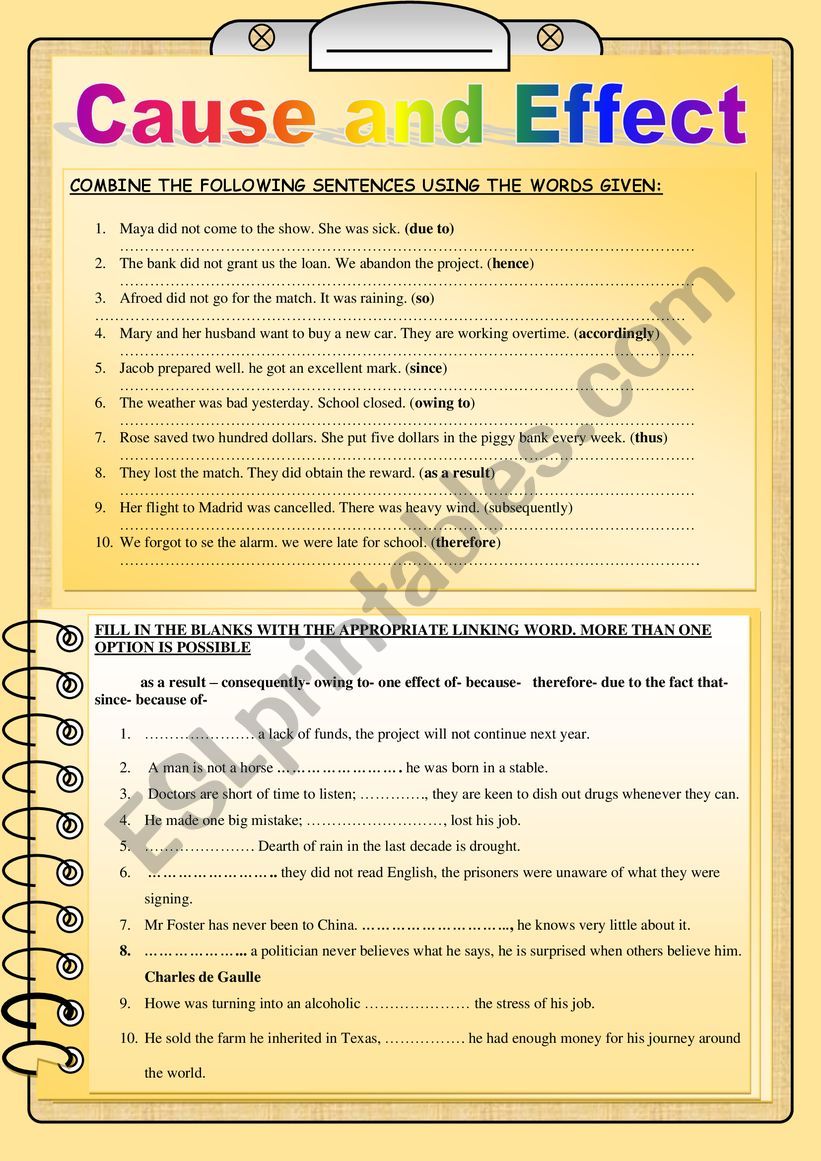 CAUSE AND EFFECT ESL Worksheet By Alfred78