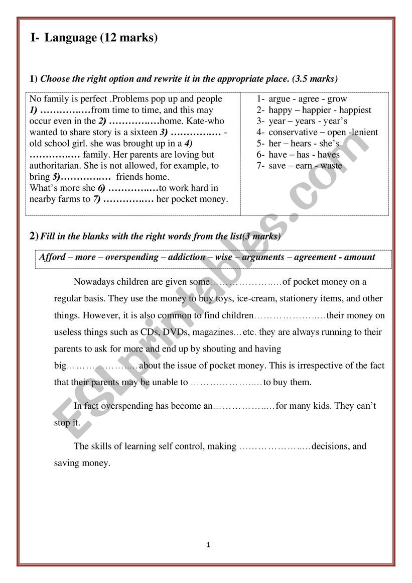 Mid Term Test 1   9th forms  the language part