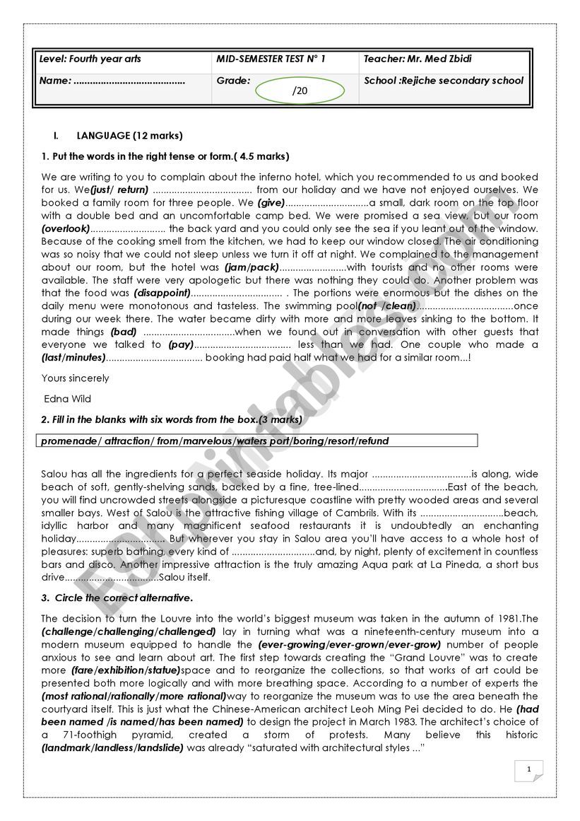 Mid-Term test N1 worksheet