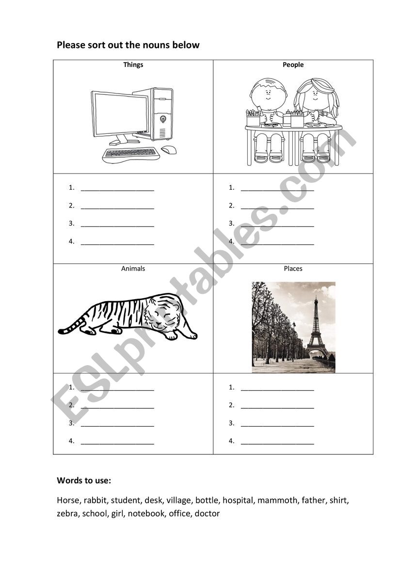Worksheet for practicing nouns