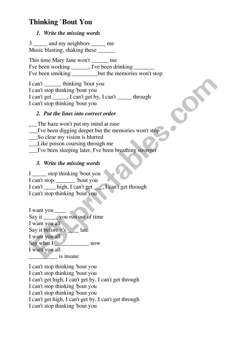 Dua Lipa Thinking Bout You worksheet