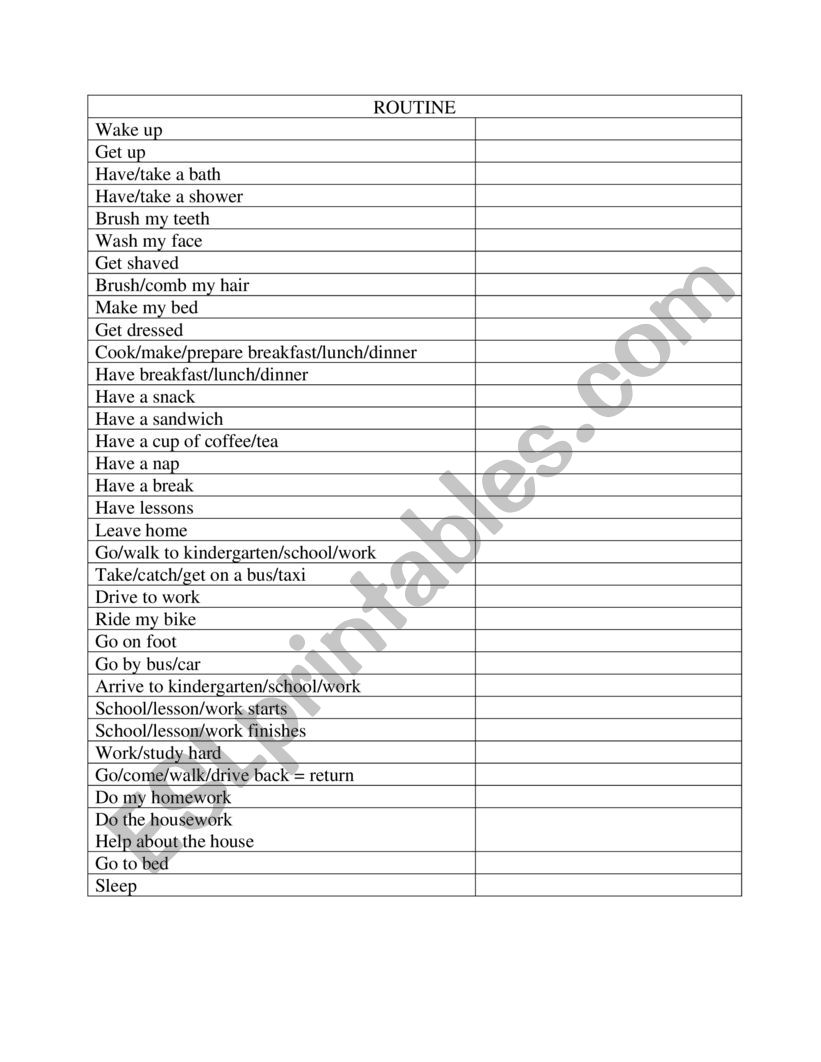 routine vocabulary worksheet