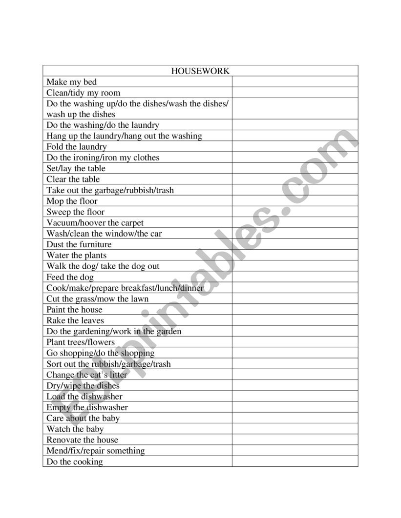 housework worksheet