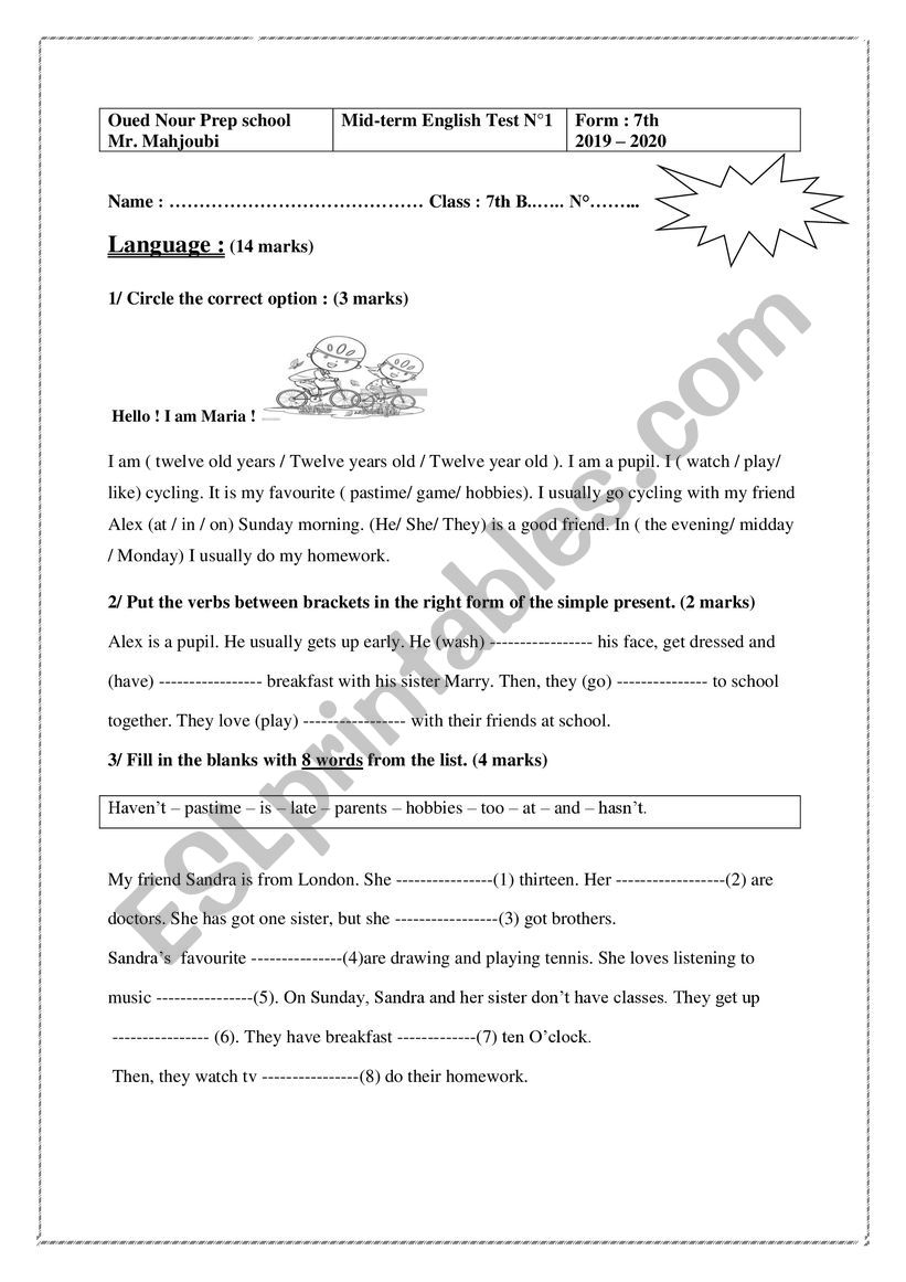 Mid-term English test n1 7th form
