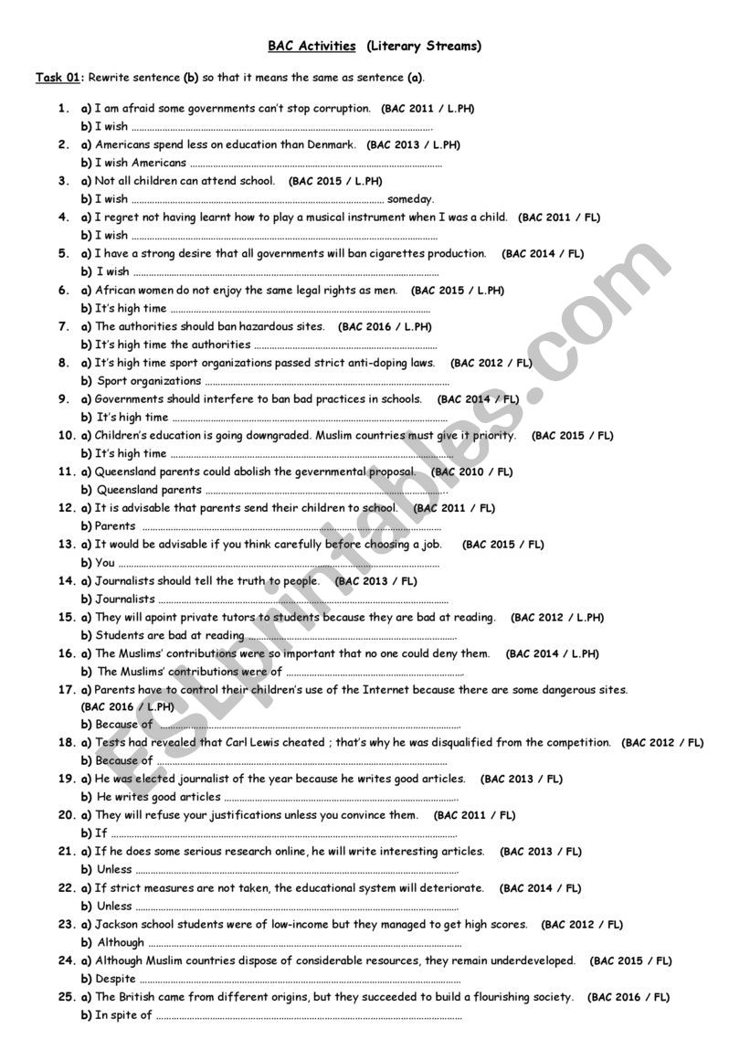 bac activities worksheet