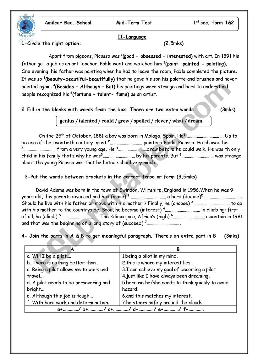 mid term test n 1 worksheet