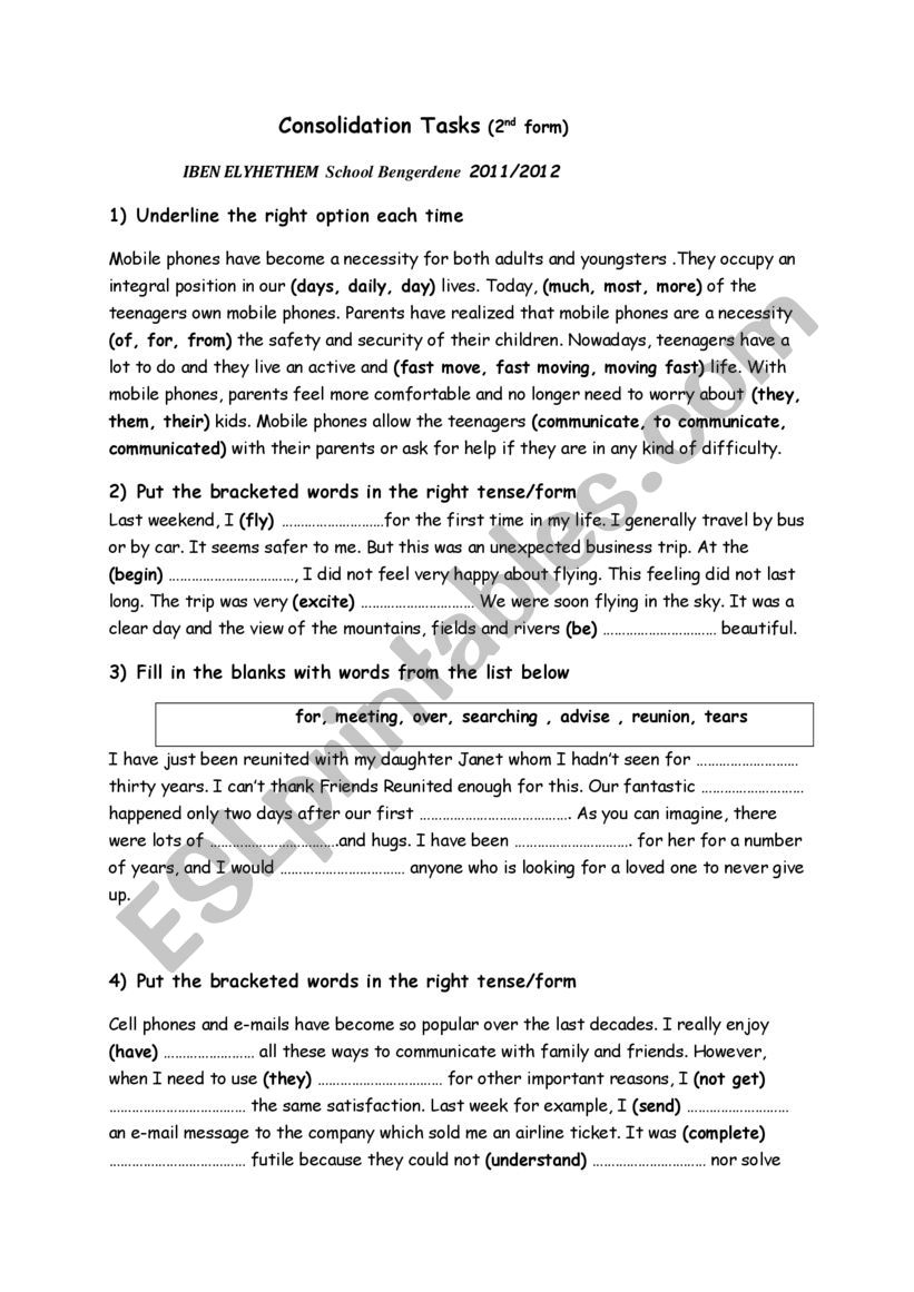 consolidation tasks 2 nd year worksheet