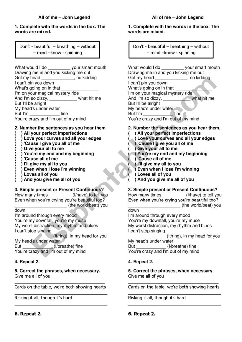 song activity worksheet