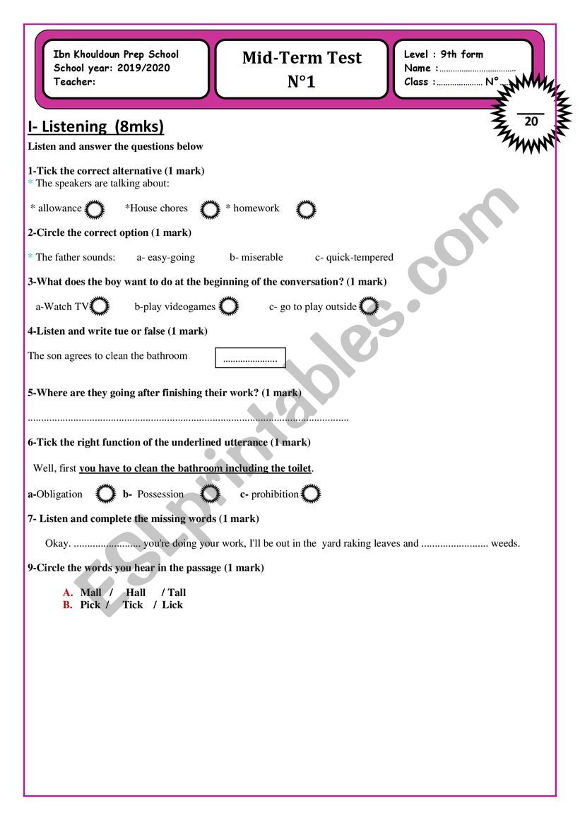 Mid Term test for 9th formers worksheet