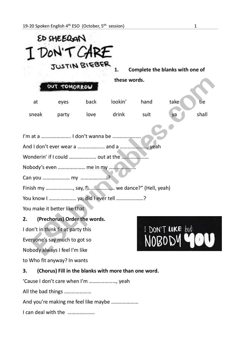 I dont care worksheet