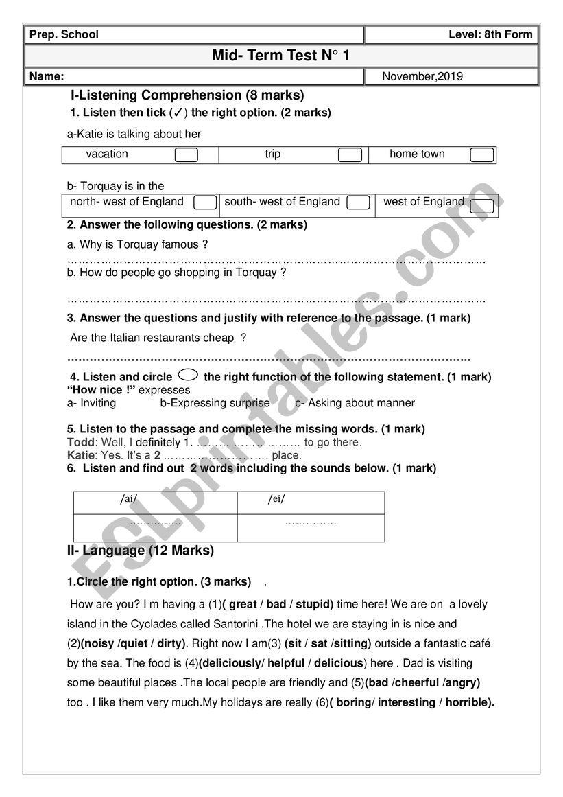 Mid term test 1 8th form worksheet