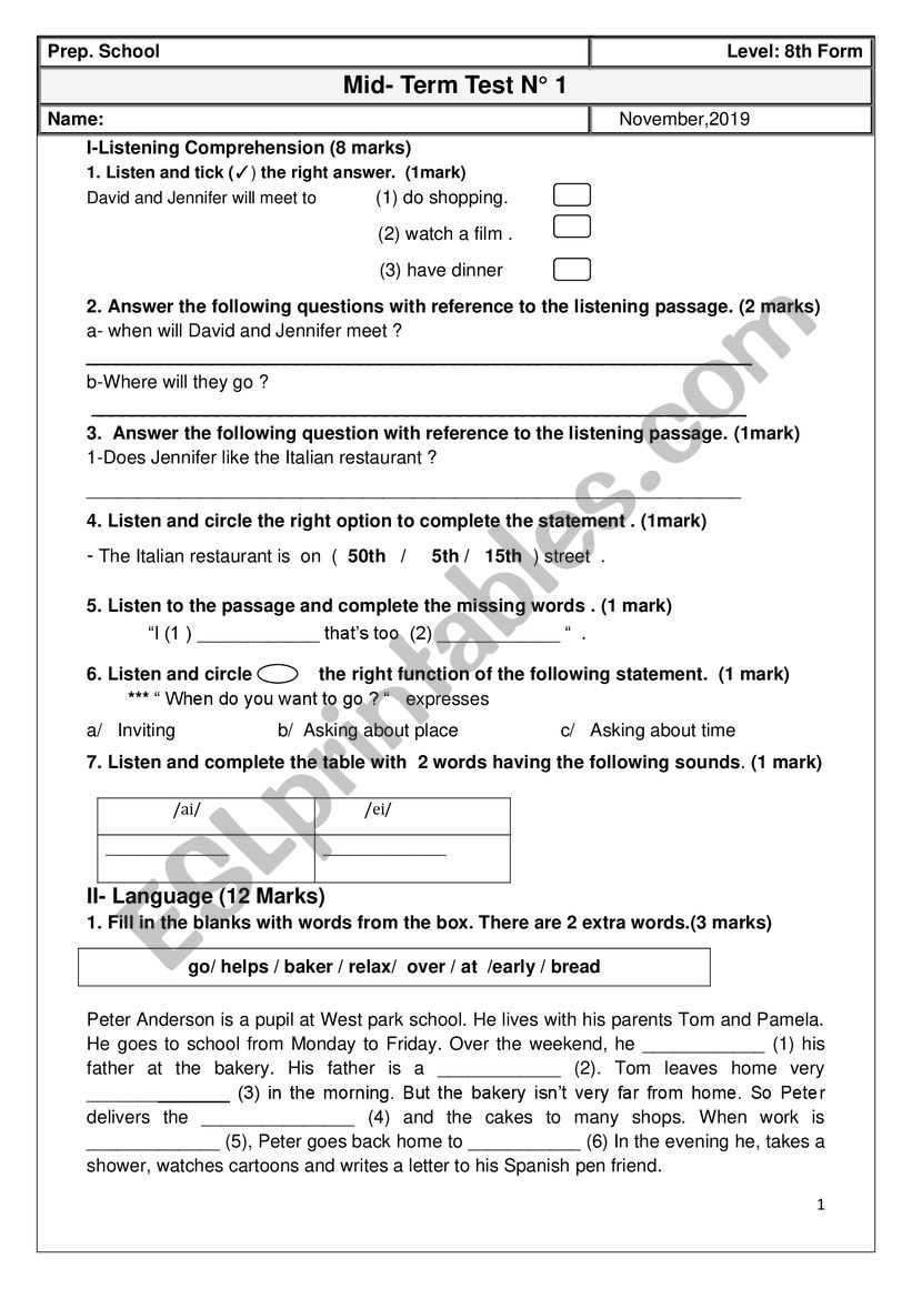 Mid term test 1 worksheet