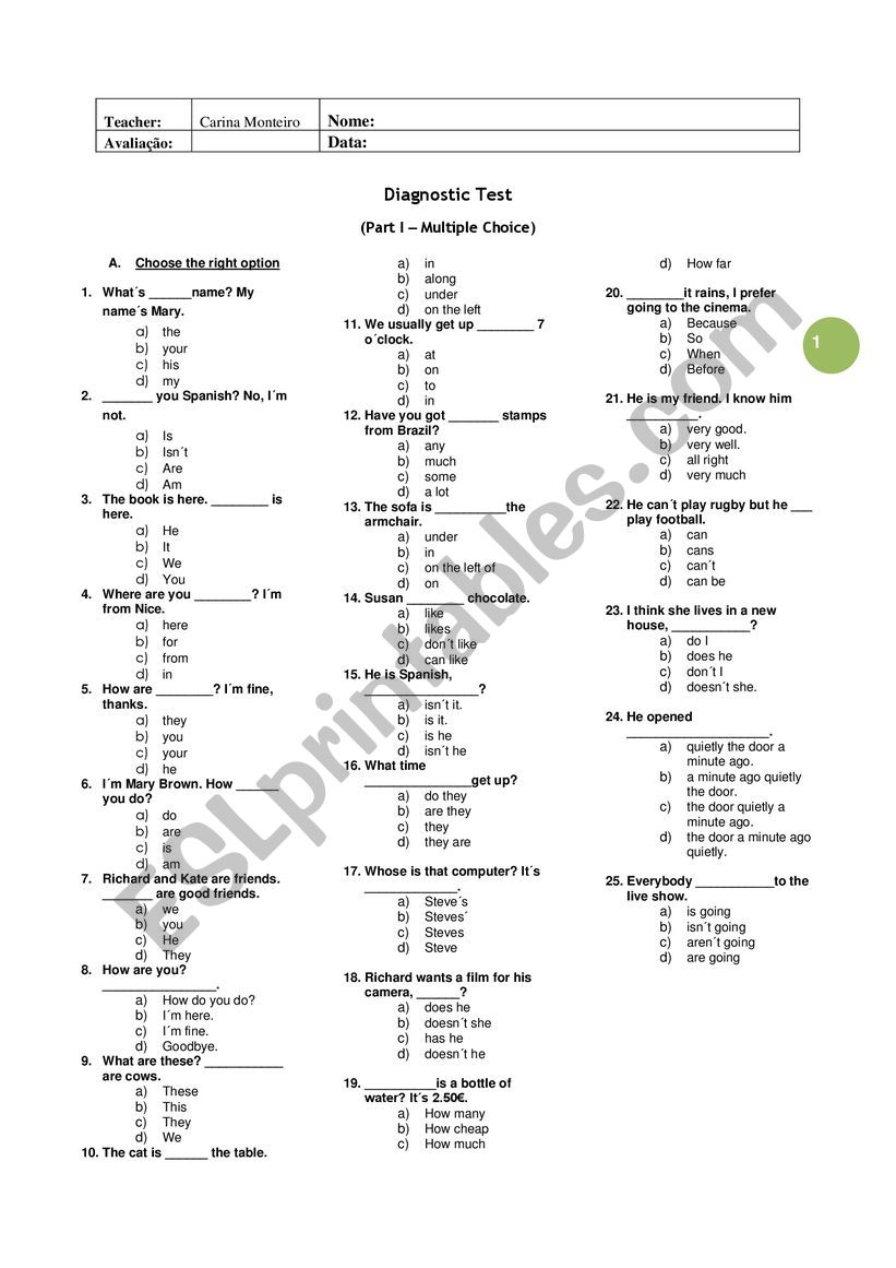 Diagnostic test worksheet