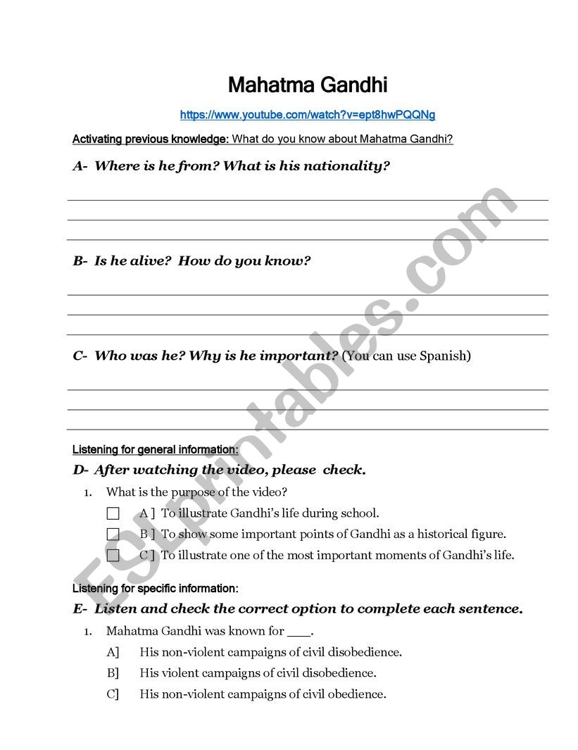 Mahatma Gandhi Listening  worksheet