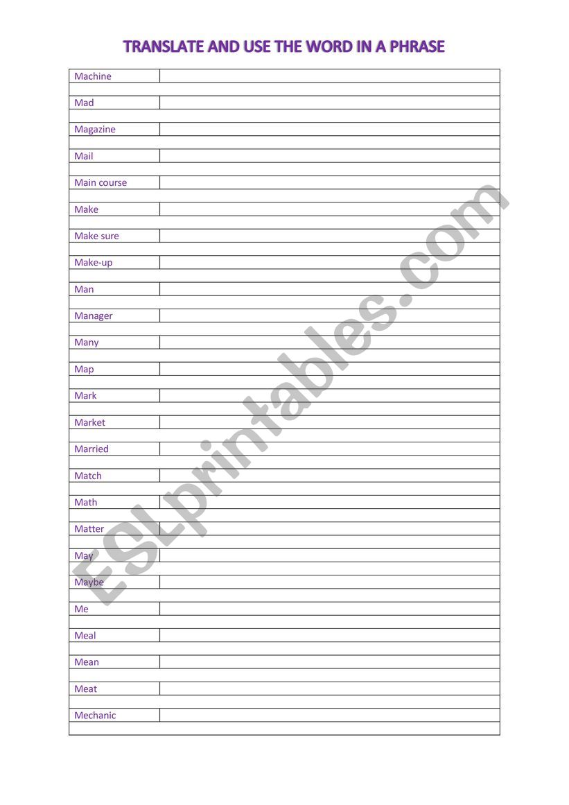 A2 Vocabulary chart (M) worksheet