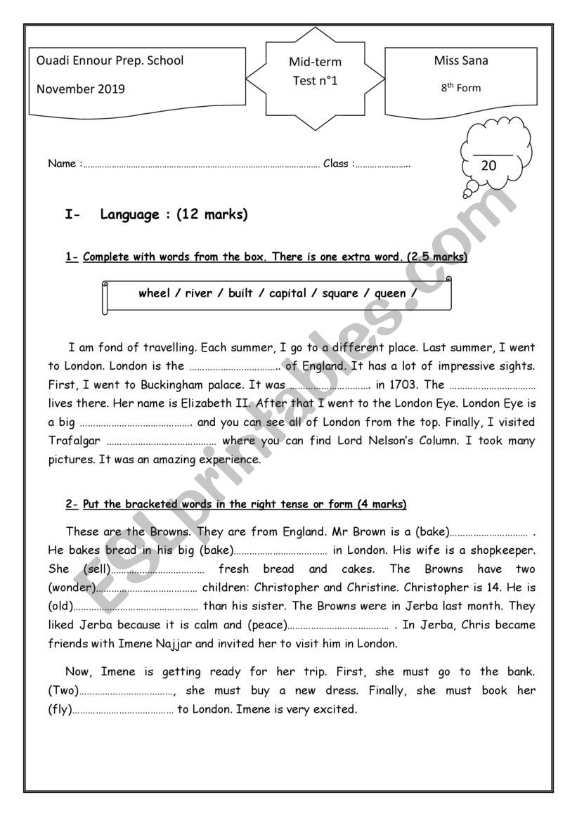 8th form Mid term Test 1  worksheet