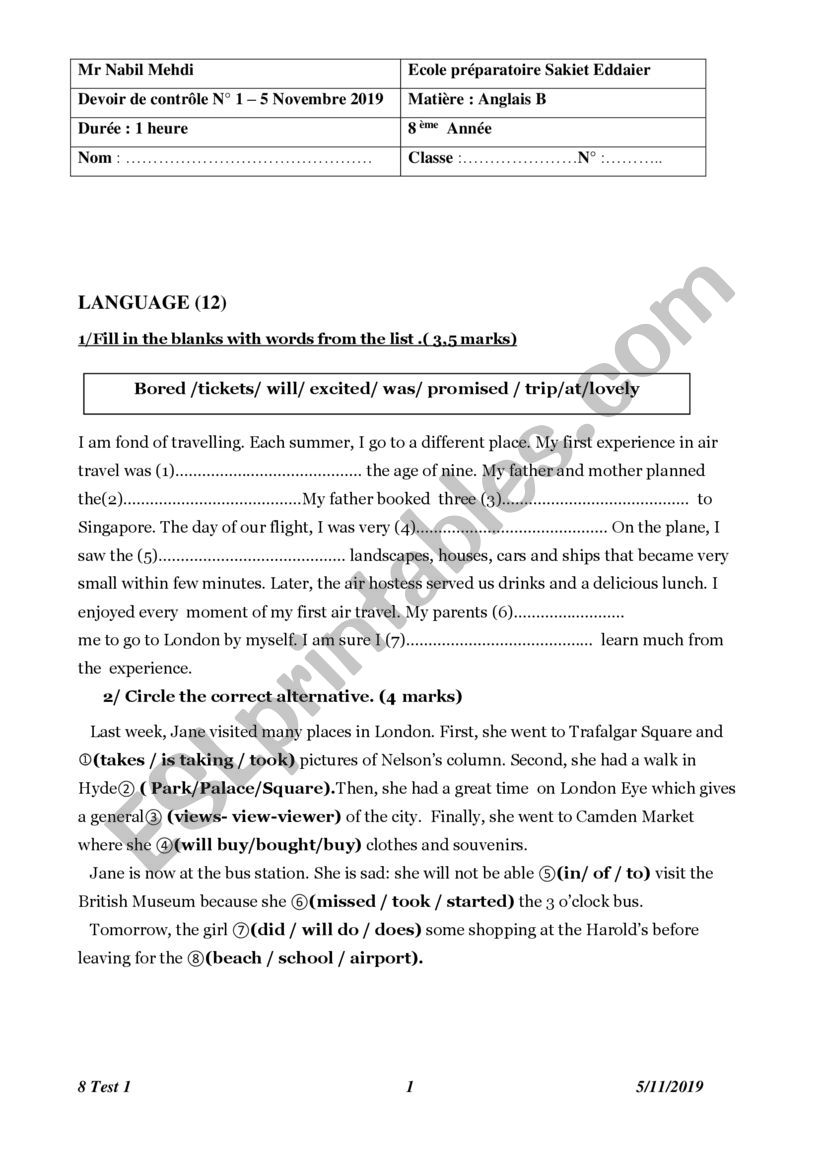 8th form M l term test1 worksheet