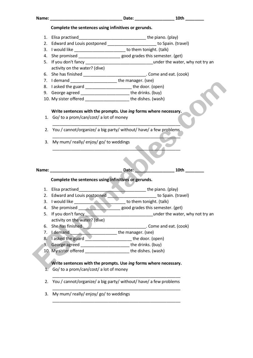 Infinitives vs. gerunds worksheet